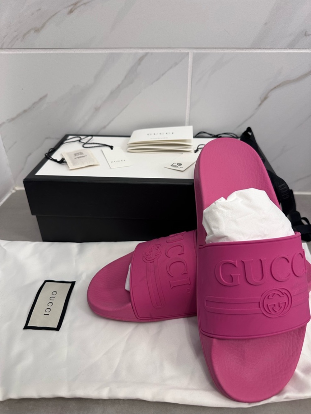 Gucci Hot Pink Embossed Logo Rubber Slides size 40